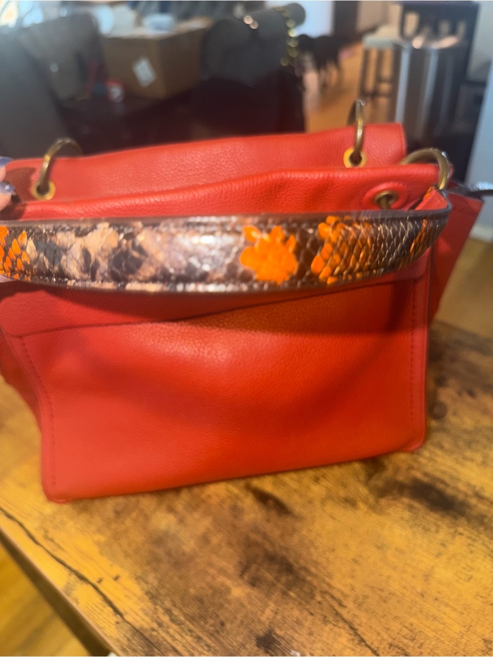 Henri Bendel Orange-Red Pebbled Leather Shoulder Bag with Snakeskin Accent - Picture 6 of 12